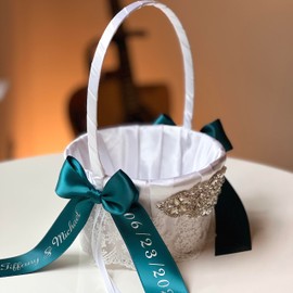 Teal and White Wedding Flower Girl Basket and Ring Bearer Pillow Set with silver personalization (1 Basket Only)