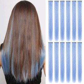 MOSCSMDY Pack of 10 Hair Extensions for Girls, Wig Pieces, Clip-In Coloured Hair Extensions for Adults, Colourful Hairpieces, Party Highlights, Multiple Colours (Light Blue)