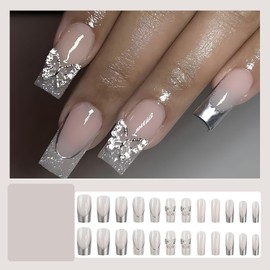 RIICFDD Long Length Press on Nails Coffin Fake Nails Nude Pink Acrylic Nails Sliver French Tip Glue on Nails Butterfly Nail Charms Full Cover Reusable False Nails for Women Nail Decoration 24 Pcs