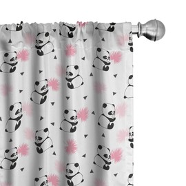 Lunarable Panda Window Curtains, Cartoon Style Bear Drawings Pinkish Foliage Leaves Chinese, Lightweight Decor 2-Panel Set with Rod Pocket, Pair of - 28" x 63", Pink Black