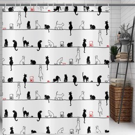 Hnmdmyi Funny Cat Shower Curtain, 180 x 180 cm, Black and White Bath Curtain, Abstract Kitty Silhouette, Black Cat, Pet, Cute Children, Waterproof, Polyester Fabric, Washable Bath Curtain