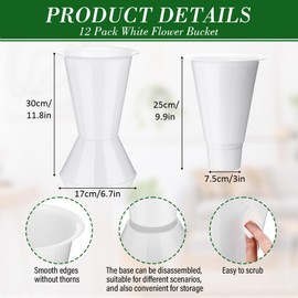 Beeveer 12 Pack Plastic Flower Bucket 11.8 Inch Tall Vase Bucket Cone Vase with Base for Cut Flower Multipurpose Buckets for Flower Bouquet Holder Centerpieces Decorations for Home Wedding (White)