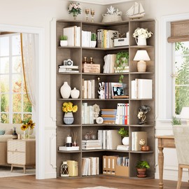 FOTOSOK 74” Tall Corner Bookshelf, 6-Tier Bookshelf and Bookcase with Open Storage, Tall Bookcases Wooden Storage Shelves for Home Office, Thickened Boards for Better Load Bearing, Vintage Grey