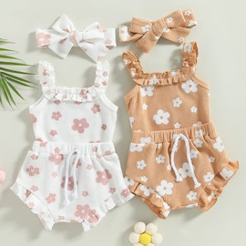 3pcs Toddler Girls Summer Outfits Ribbed Halter Crop Top Romper Bodysuit +Floral Bloomer Shorts+Headband Clothes Set (Ruffled-Khaki, 6-12 Months)