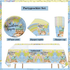 Travel Adventurer Retirement Travel Party Tableware Set, Doyomtoy Serve 20 Guests Birthday Party Tableware, Tablecloths, Plates, Cups, Napkins for Party Accessories Birthday
