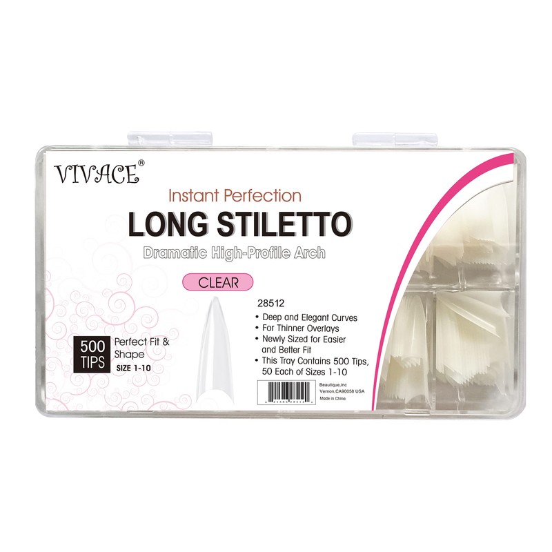 VIVACE Clear Long Stiletto 500pcs Artificial Fake Gel Nail Tips,10