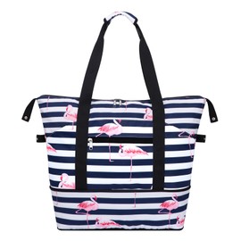 HAWEE Expandable Duffel Bag for Women with Trolley Sleeve and Wet Pocket Water Repellent Weekender Travel Tote Large Capacity Carry On Overnight Luggage, Flamingo Stripe