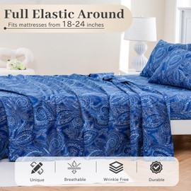 MEISHANG Queen Sheet Set - Extra Deep Pocket Floral Sheets - Ultra Soft 1800 Luxury Microfiber for 18"-24" Mattresses - Cooling,Breathable,Wrinkle Free - 4Pieces(Queen,Paisley Blue)
