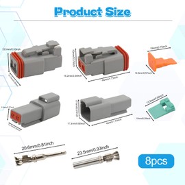 Deutsch 2-Pin DT Connector Kit, 8 Sets Waterproof 22-18AWG DT Electrical Wire Connector with Stamped Contacts and Seal Plug, Male and Female Terminal Connectors for Motorcycle,Truck, Car, Boats