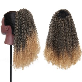 GOTEFERBE Kinky Curly Drawstring Ponytail Synthetic Hair Clip In Ponytail for Women 18 Inch Warm Brown Curly Hair No Shedding Tangle Free #1B/27