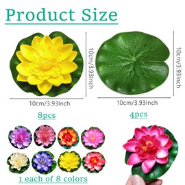 CUVZORA 12 Stück Realistischen Künstliche Lotusblumen und Lotusblättern, Schwimmende Seerose Klein,8 Farben künstlich Seerosen Deko, Ideal für Aquarium, Garten, Teichdeko und Brunnen Deko Draußen