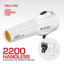 Red by KISS HandleLess Blow Dryer 2200W Ceramic Tourmaline White Color, 3 Heat Settings, Pik and Diffuser Included Comfortable Grip, Ionic for Frizz-Free Shine, Detangler & Straightening