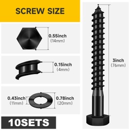 MYWISH (10Sets) 3/8" x 3" Hex Head Lag Bolts, Heavy Duty Lag Screws with Washers, 304 Stainless Steel Bolts 18-8, Lag Screws Wood Screws, Partial Thread Black Oxide, 3/8 Bolt