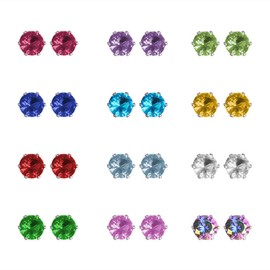 12 Pairs 18K Yellow Gold Plated Surgical Stainless Steel Stud Earring, CZ Stud Earrings for Women, Cubic Zirconia Birthstone Stud Earrings Set 3mm (Silver Prong 3mm)