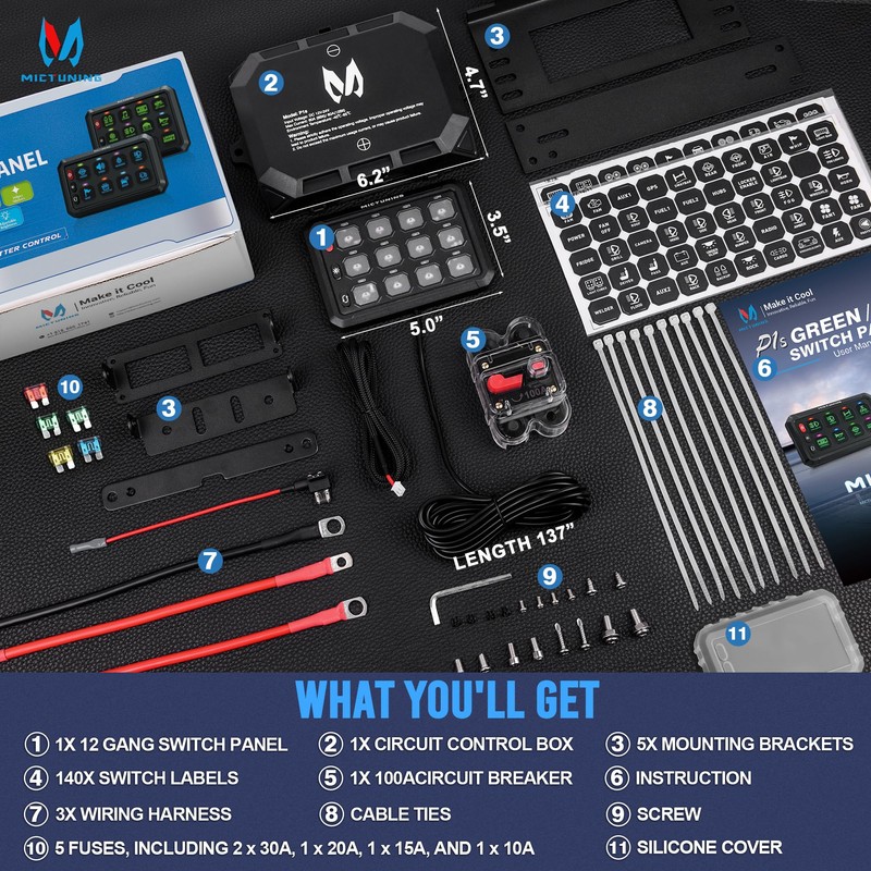 MICTUNING 12 Gang Switch Panel P1S-B12 Blue High Power 6