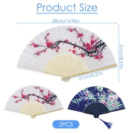 Set of 2 Handheld Silk Folding Fans, Foldable Chinese Japanese Vintage Bamboo Silk Fan Black and White Imitation Silk Fabric with Hollowed Plastic Handle Elegant Accessory and Home Decor