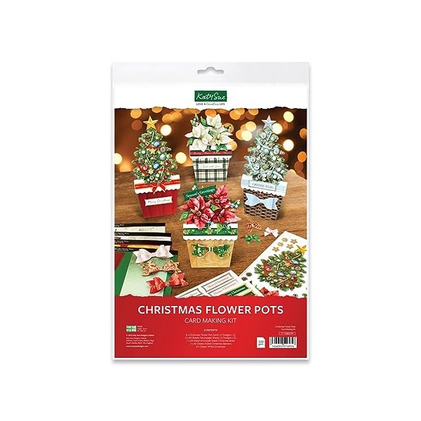 Katy Sue Christmas Flower Pots Card Making Kit - Contains 8 Cards & Envelopes, 4 Sheets Christmas Decoupage, 1 Sheet Decoupage Bows & 2 Sheets Foiled Christmas Banners.