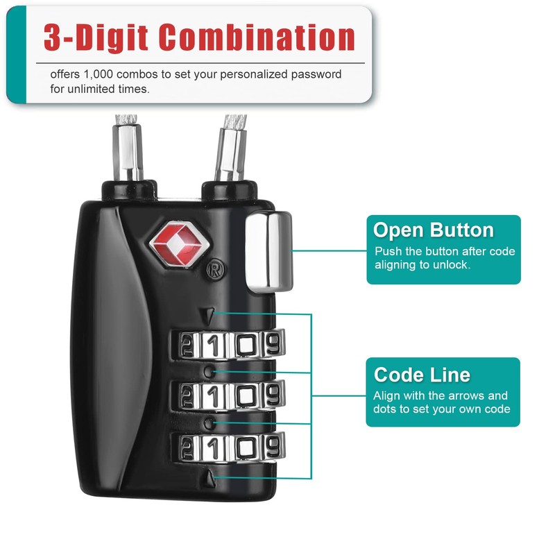 ZHEGE Suitcase Locks TSA Approved, Cable Travel Lock, 3 Digit