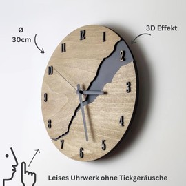 DECORAY Wall clock in wood look, modern without ticking noises and silent, unusual wall clock with quartz movement for living room, office, kitchen, bedroom or as decoration. A modern eye-catcher