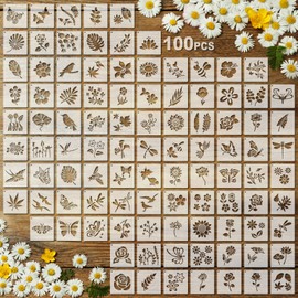 100 Pcs Stencils for Painting on Wood Reusable Stencil Crafts Drawing Templates Holiday Wall Paper for DIY Scrapbook Home 2 x 2 Inch(Flower, Plants)