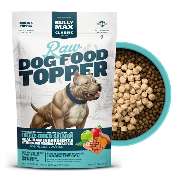 Bully Max Freeze-Dried Raw Dog Food Toppers for Puppies & Adult Dogs - Salmon with Real Fruits & Veggies - Meal Enhancers with Vitamins & Minerals - Feed as Puppy Treat or Dog Meal
