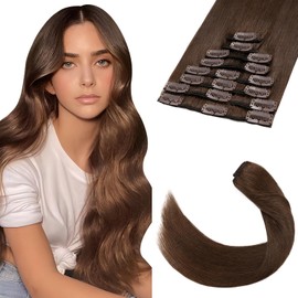 Tess Clip In Hair Extension Real Human Hair,Hair Extensions Clip In 8 Pieces Brown Long Remy Straight Real Hair Pieces for Women/Girls(#04,10Inch)