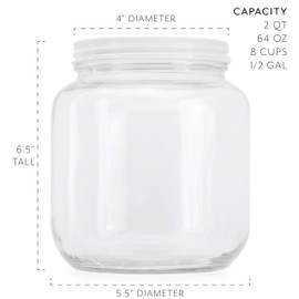 64oz Clear Wide-mouth Glass Jar, BPA free Food Grade w/Metal Lid (Half Gallon); 2 Quart Jar to Make Greek Yogurt/Kefir or Pickles