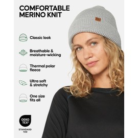 DANISH ENDURANCE Merino Wool Beanie, Fleece Lined Winter Hat for Men & Women, Grey, One Size