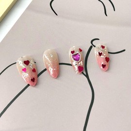 Valentines Press on Nails Medium Almond Pink Fake Nails False Nails with Rhinestones Heart Charm Full Cover Glossy Glue on Nails Stick on Nails Artificial Nails for Women Girls 24 Pcs