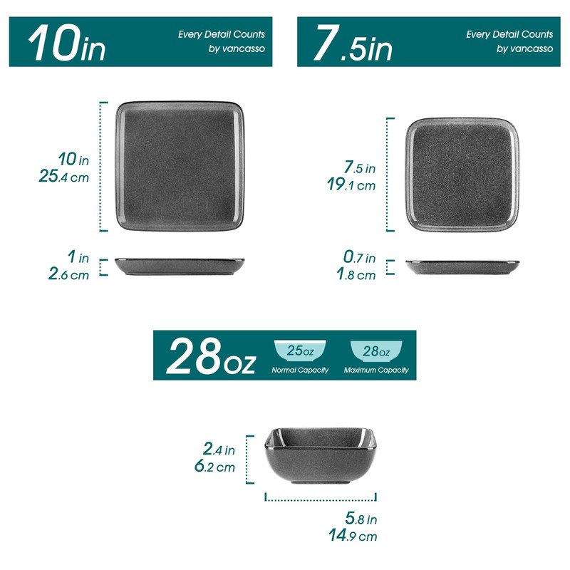 vancasso Stern Gray Dinner Set Square Reactive Glaze Tableware 12