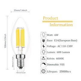 Lamsky E14 Dimmable LED Bulb,110V 600Lumens 60W Equivalent Daylight 5000K,E14 European Base Candelabra LED Bulbs,Clear Glass Torpedo Shape(5-Pack)