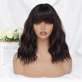 BEAUTIFA Dark Brown Wig with Bangs for Women 14 Inch Shoulder Length Short Bob Wavy Curly Wig Brown Wig Heat Resistant Synthetic Wigs