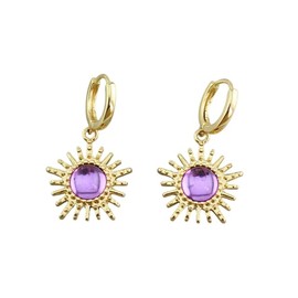 Purple Crystal Sun Dangle Small Hoop Earrings for Women Her Vintage Statement Sunburst Drop Earring Boho Sunshine Charm Summer Beach Huggie Hoops Cartilage Hypoallergenic Fashion Birthday Jewelry