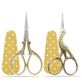 Embroidery Scissors Small, 2 Pieces Stainless Steel Craft Scissors for Sewing Thread Needlework Craft Trimming with Fake Leather Scissors Cover (Gold)