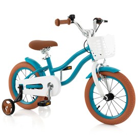 COSTWAY Kids Bike, 14 Inch Toddler Children Bike w/Training Wheels, Hand & Coaster Brakes, Adjustable Saddle & Handlebar, Basket, Bell, Kids Bicycle for Girls Boys Aged 3-8 Years Old, Turquoise