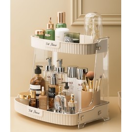 VNIMTI Cosmetic Organiser 2 Levels, Make Up Organiser, Dressing Table Organiser, Bathroom Storage Organisation, Women (Beige-2 Levels)