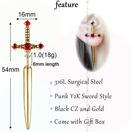 PunkTracker Hypoallergenic Surgical Steel Gothic Sword Earrings for Women Black Cubic Zirconia Punk Dagger Y2K Emo Earrings for Men, Stainless Steel, not known