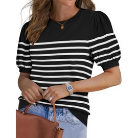 WIHOLL Womens Tops Short Sleeve Shirts Spring Summer Tops Cute Business Casual Outfits Beach Vacation Women Clothing Trendy 2025 Old Money Clothes Sweater Black and White Striped M