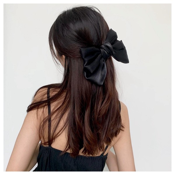 Dervivea French Satin Bow Black Big Bow Knot Hair Clip Vintage Ribbon Bows Decorative Hair Accessories for Women Girls Headpiece