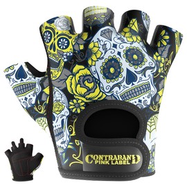 Contraband Pink Label 5237 Womens Designer Workout Gloves | Sugar Skull Print w/Grip-Lock™ Padding (Yellow, Small)