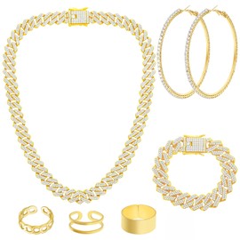 NEWITIN 7 Pieces Gold Jewelry Set for Women Dainty Cubic Zirconia Cuban Link Chain Necklace Bracelet Ring Sparkly Crystal Earrings Cuban Jewelry Set for Women Men