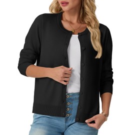 GRECERELLE Womens Summer Soft Cardigans Knit Lightweight Long Sleeve Ladies Black Cardigan Solid Crew Neck Jumper Casual Button Down Sweaters for Women UK，Summer Nights and Dating (Black, L)