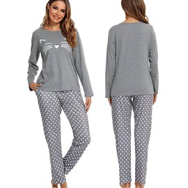 Cotton Pajamas For Women Set Long Sleeve Sleepwear with Pants Soft Comfy Cute Cat Printed Pj Lounge Sets S-XXL (US, Alpha, XX-Large, Regular, Regular, A1-Grey)