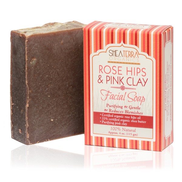 Shea Terra Organics Rose Hips & Pink Clay Facial Cleansing Soap | Anti-Aging, Anti-Acne Wonder Soap | All Skin Types - 4 oz