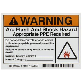 Brady 121136 Vinyl Film 3.5" x 5" Arc Flash & Shock Labels (Warning, Pictogram) , Black/Orange On White, 3.5" Height x 5", Legend "Warning Arc Flash And Shock Hazard Appropriate Ppe Required Do Not OLabels perate Controls Or Open Covers Without Appropriate Labels personal Protection Equipment. Failure To Comply May Result In Injury Or Death! (Arc Flash Picto) Refer To NFPA 70E For Minimum Ppe Requ" (5 Labels per Package)