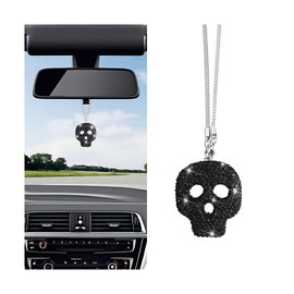 KHGUZ Bling Skull Car Rear View Mirror Pendant, Crystal Rhinestone Vehicle Hanging Charm Decoration, Diamond Auto Interior Rearview Ornament Accessories, Universal for SUV, Sedan, Truck (Black)