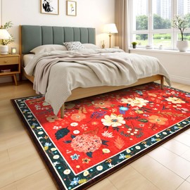 Terrug Floral Large Area Rug for Living Room, Washable 6x9 Red Christmas Rug Boho Ultra-Thin Carpet, Soft Non Slip Stain Resistant Vintage Rug for Bedroom, Dorm, Dining Room, Office