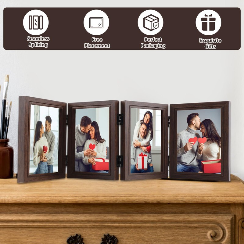 Photo Frame Hold 4 Photos, 4x6 Hinged Folding Wood Picture