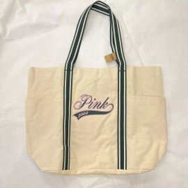 Victoria's Secret Pink Cotton Large Weekender Tote Bag Travel Pink Green Logo