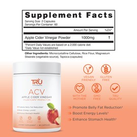 TRU Supplements ACV, Apple Cider Vinegar, Organic ACV with The Mother, Improves Digestion and Skin Health, 45 Servings, 1000mg